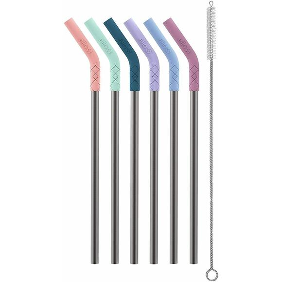 Ello Pack of 6 Stainless Reusable Straws Silicone Tip and Cleaning Brush New - Picture 1 of 12
